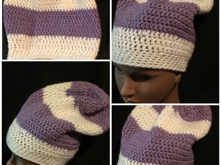 18. Slouchy beanie purples and white 
